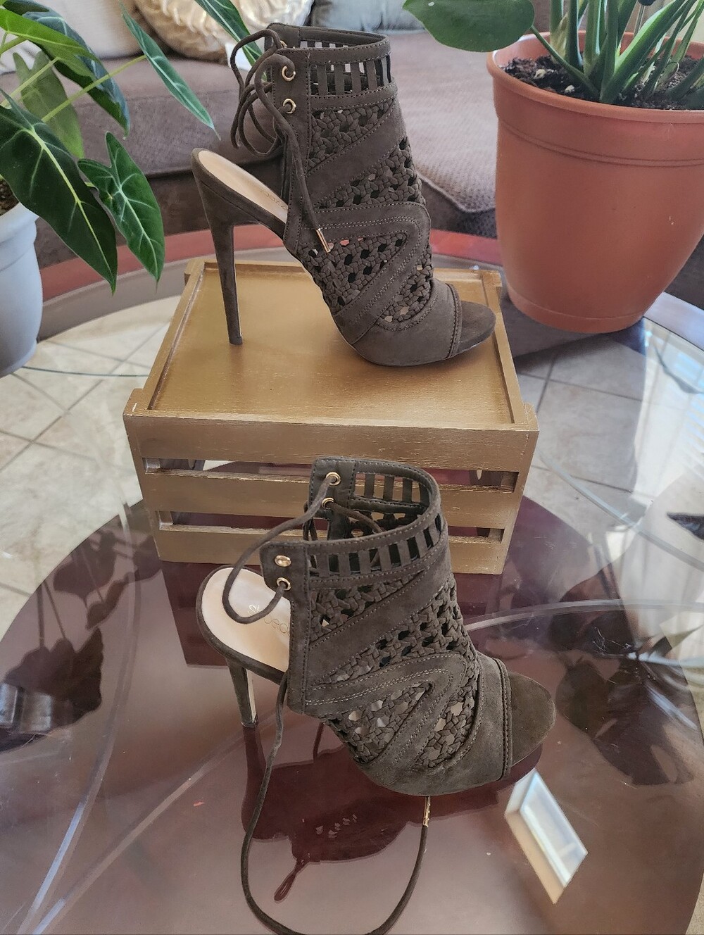 Shoedazzle ROBYN Lace-Up Crochet Peep Toe High Heel Sandals - OLIVE GREEN